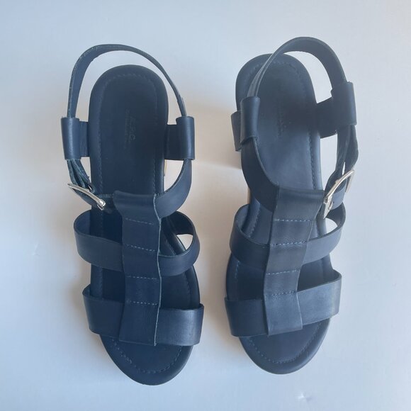 A.P.C. Navy Platform Sandals with Wood Block Heels - Picture 5 of 16